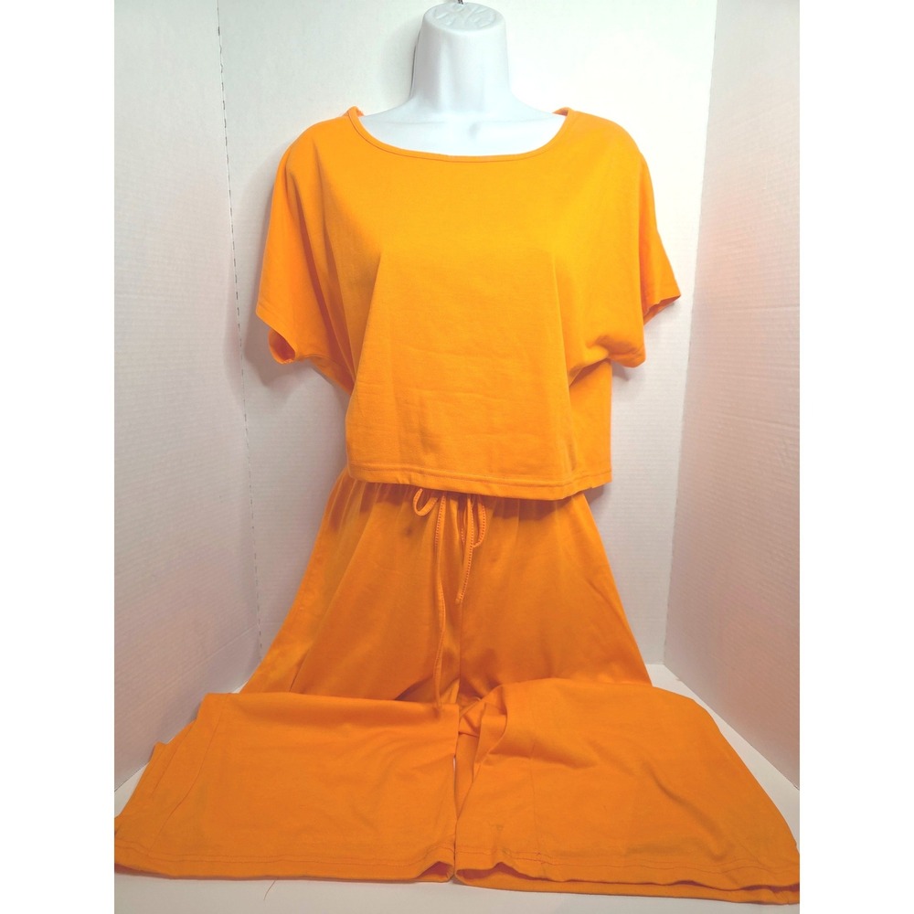 Orange Lounge Set Knit  Crop Top Draw Waist Wide Leg Pants Casual Comfort  SZ XL